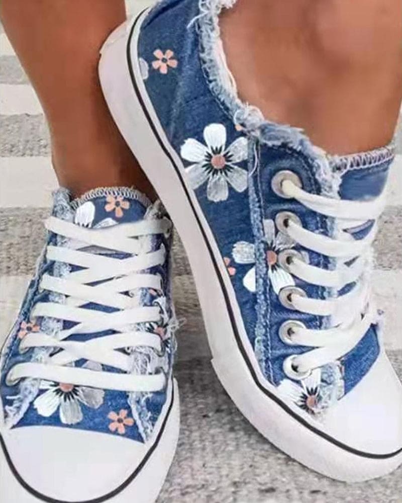 Annette - Denim Sneakers Met Bloemen