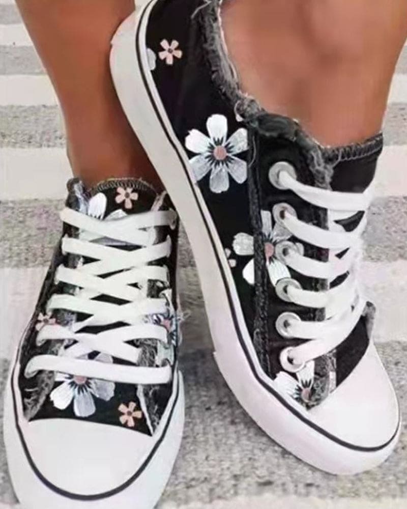 Annette - Denim Sneakers Met Bloemen